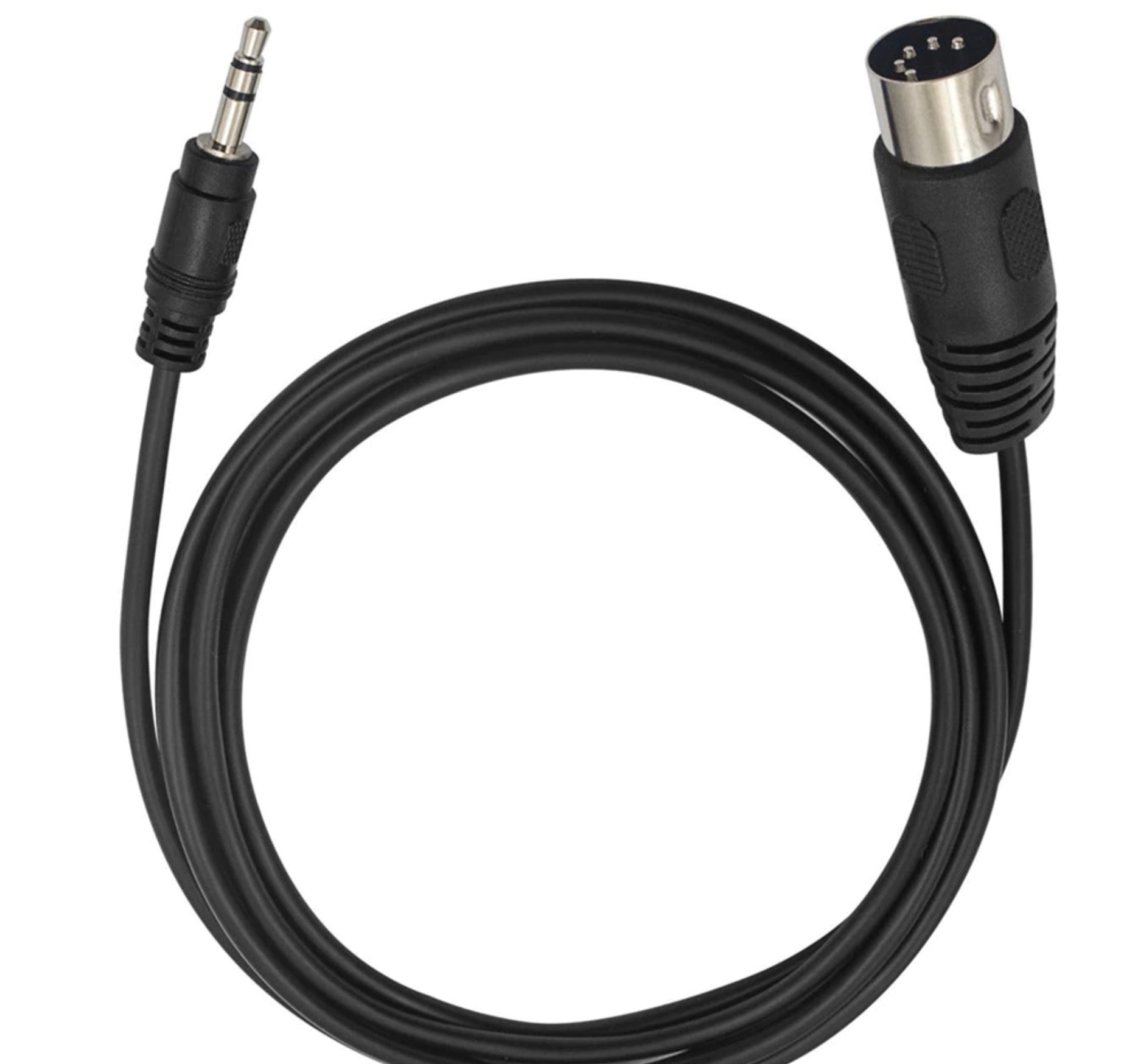 A black 5-pin DIN male to 3.5mm TRS male audio cable.