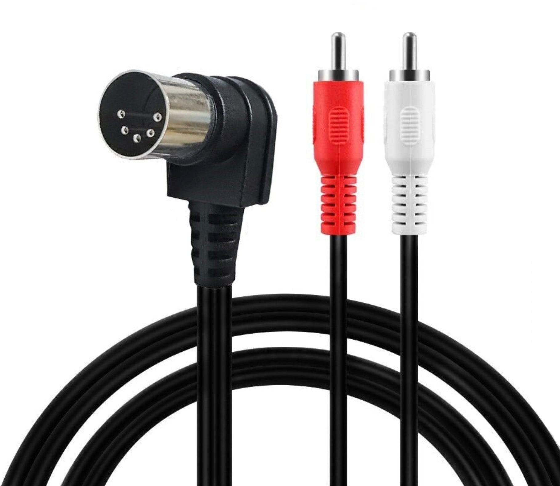 Audio cable with XLR male connector and RCA plugs on a white background