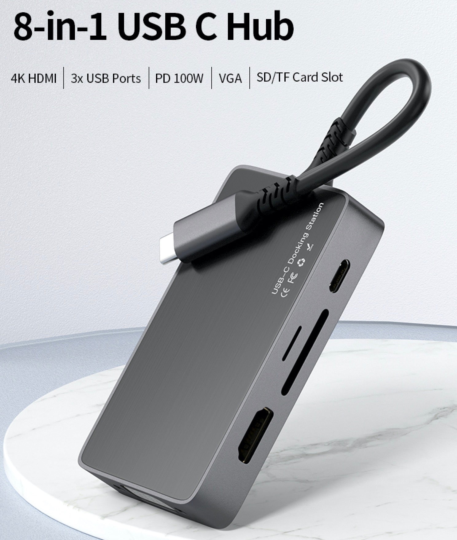 8-in-1 USB-C Hub with 4K 30Hz HDMI, USB 3.0, USB 2.0, PD 100W SD/TF Card Readers and VGA Port