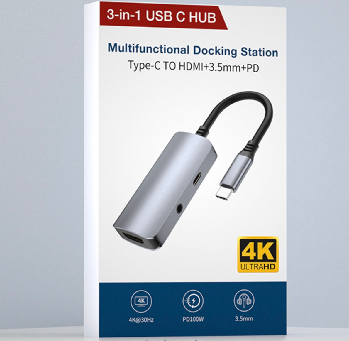 USB-C 3-in-1 Hub with HDMI 4K, 3.5mm Audio and PD 100W Port