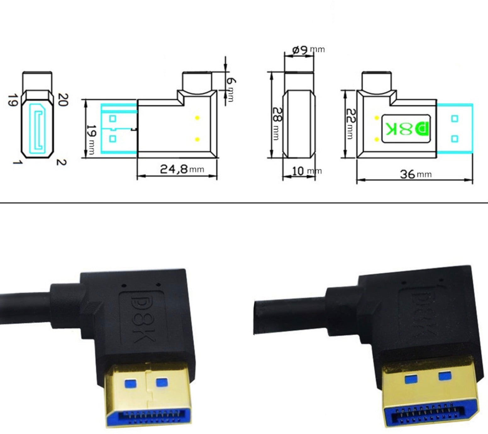 8K DisplayPort 1.4 Male to Male 90° Right to Left Angled Cable (8K@60Hz)