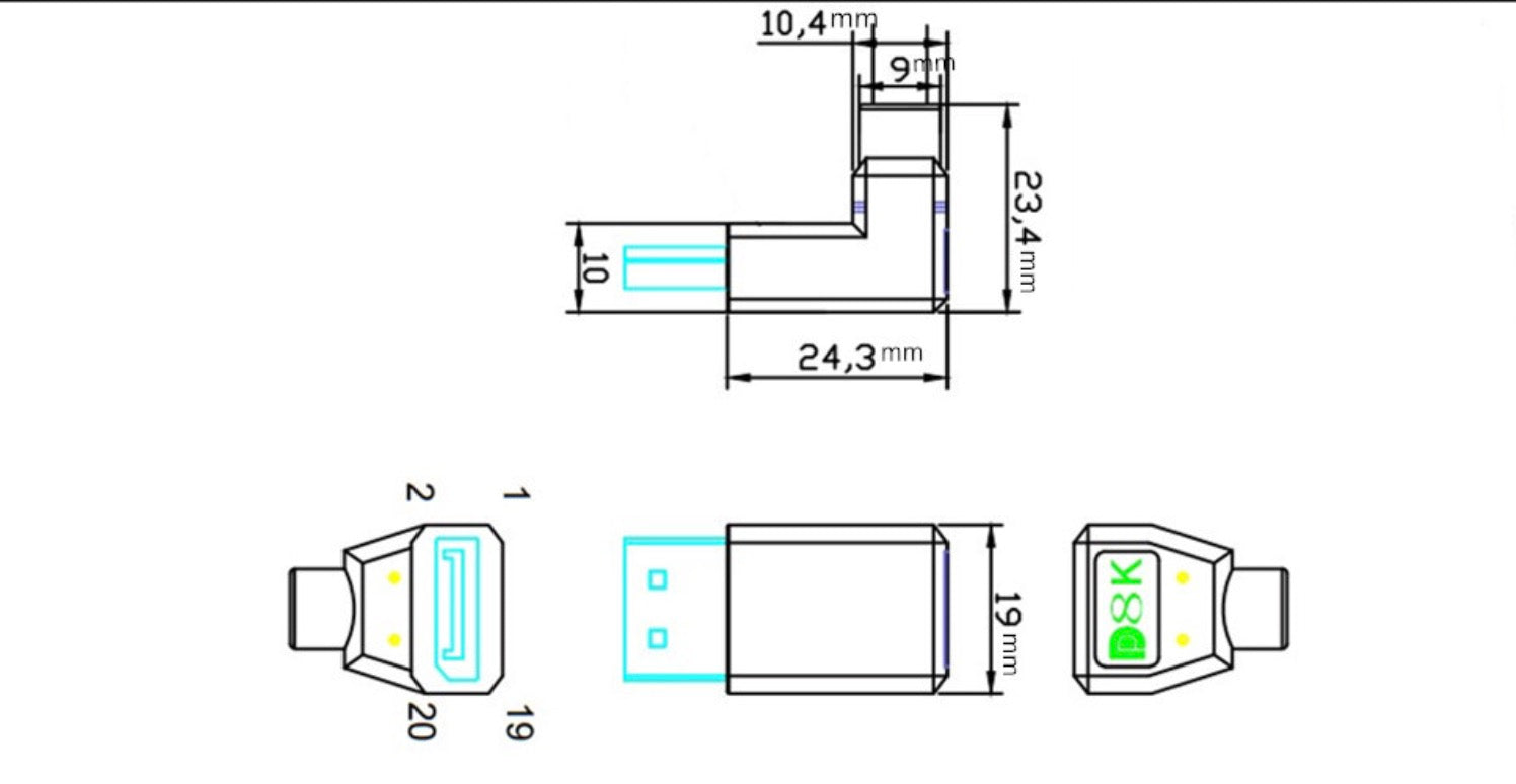 8K Displayport 1.4 Straight Male to Down Angled Male 90° Cable (8K@60Hz)