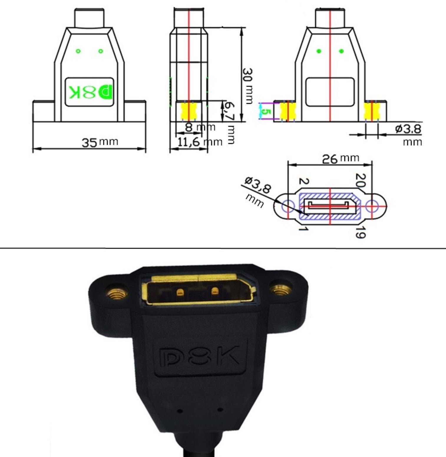 8K DisplayPort 1.4 Male to Female Panel Mount Extension Cable 8K@60Hz