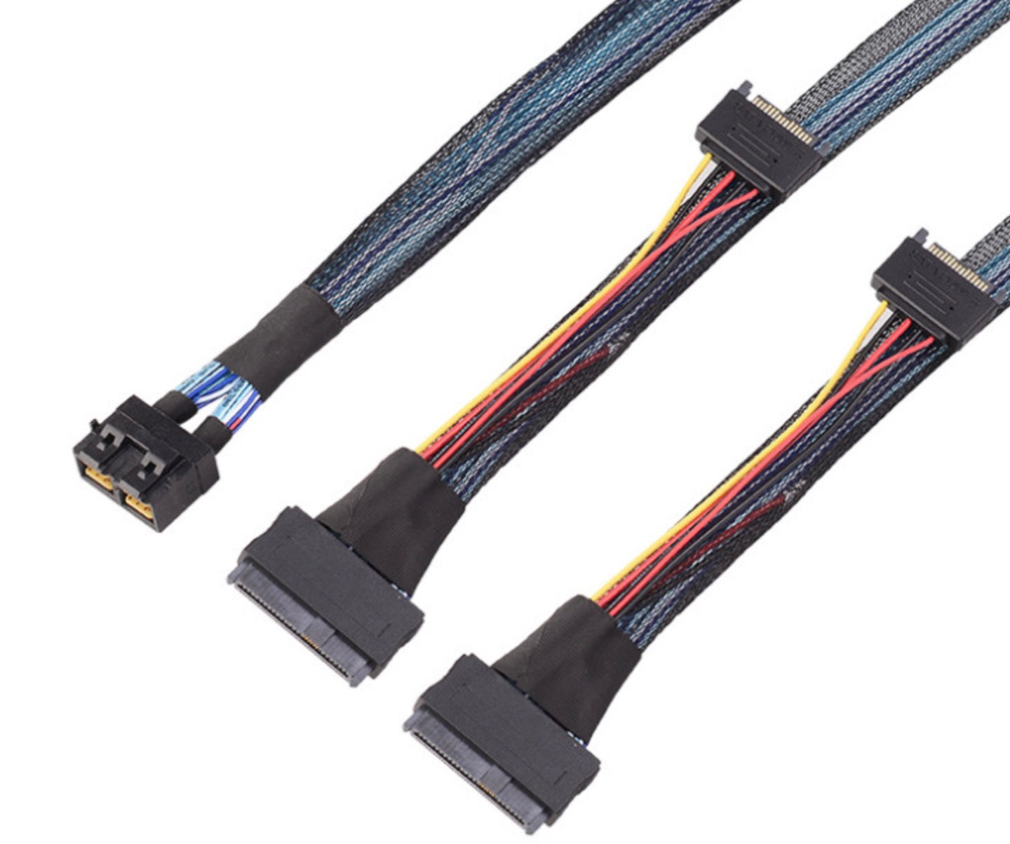 The image shows a black 72-pin SAS to 8i U.2 cable, with a connector on one end and a power connector on the other, against a white background.