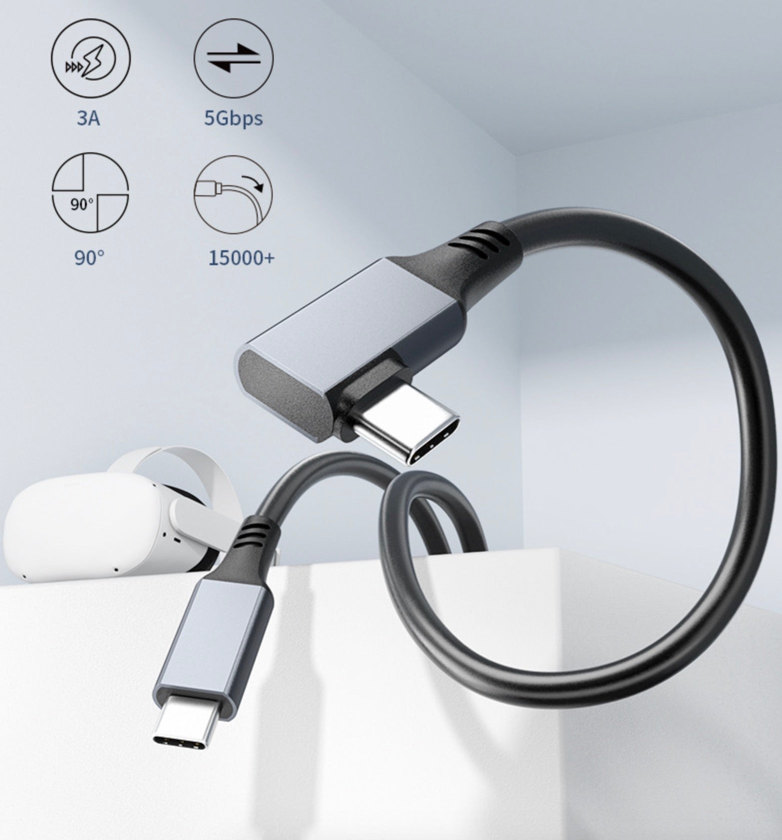 USB-C Male to Angled Male 3A 5Gbps Data Charge Cable USB 3.2 Gen 1 For Oculus Quest 2 VR Link 5m / 6m