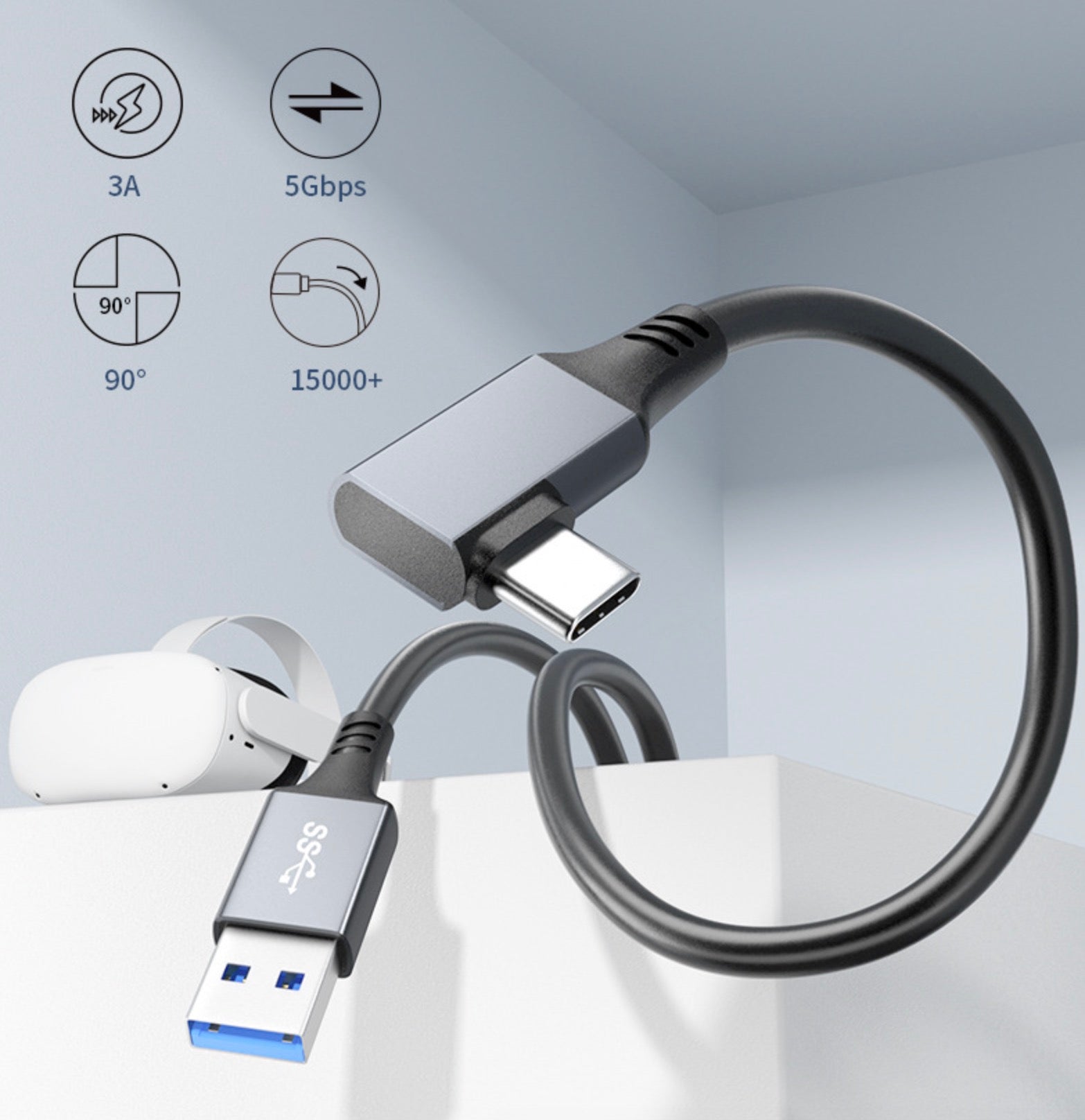 USB-C to USB 3.0 A Male 3A 5Gbps Data Charge Cable For Oculus Quest 2 VR Link 6m / 7m