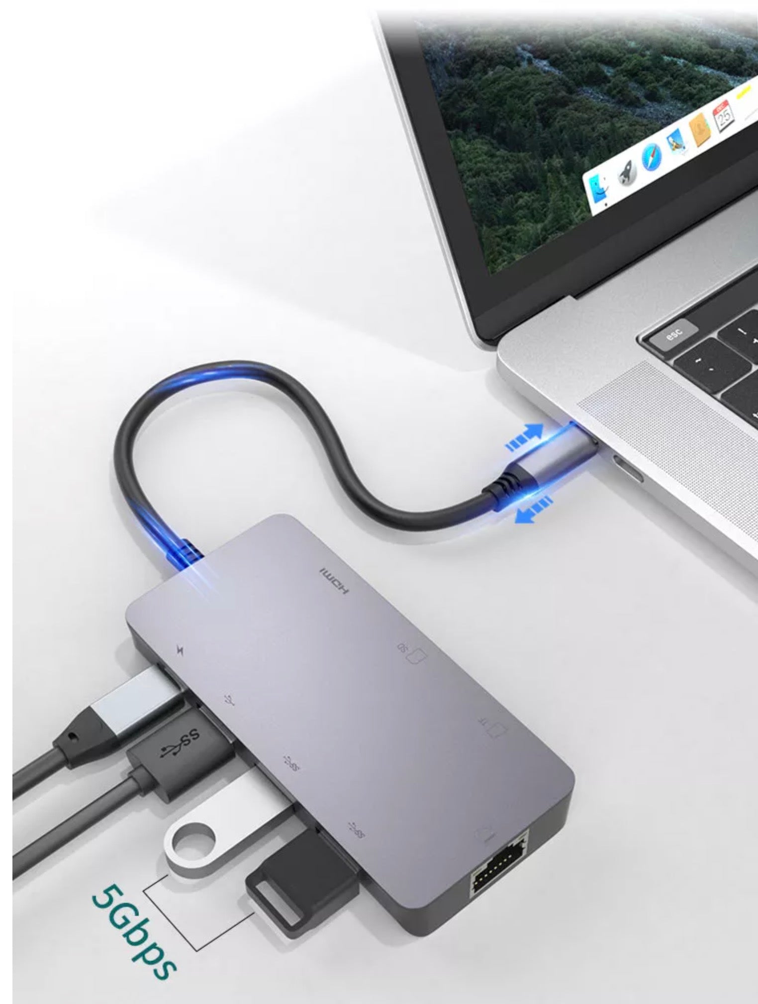 8 in 1 USB-C Hub with Gigabit Ethernet 4K HDMI USB 3.0 2 USB 2.0 PD 100W SD TF Card Reader Laptop Docking Station