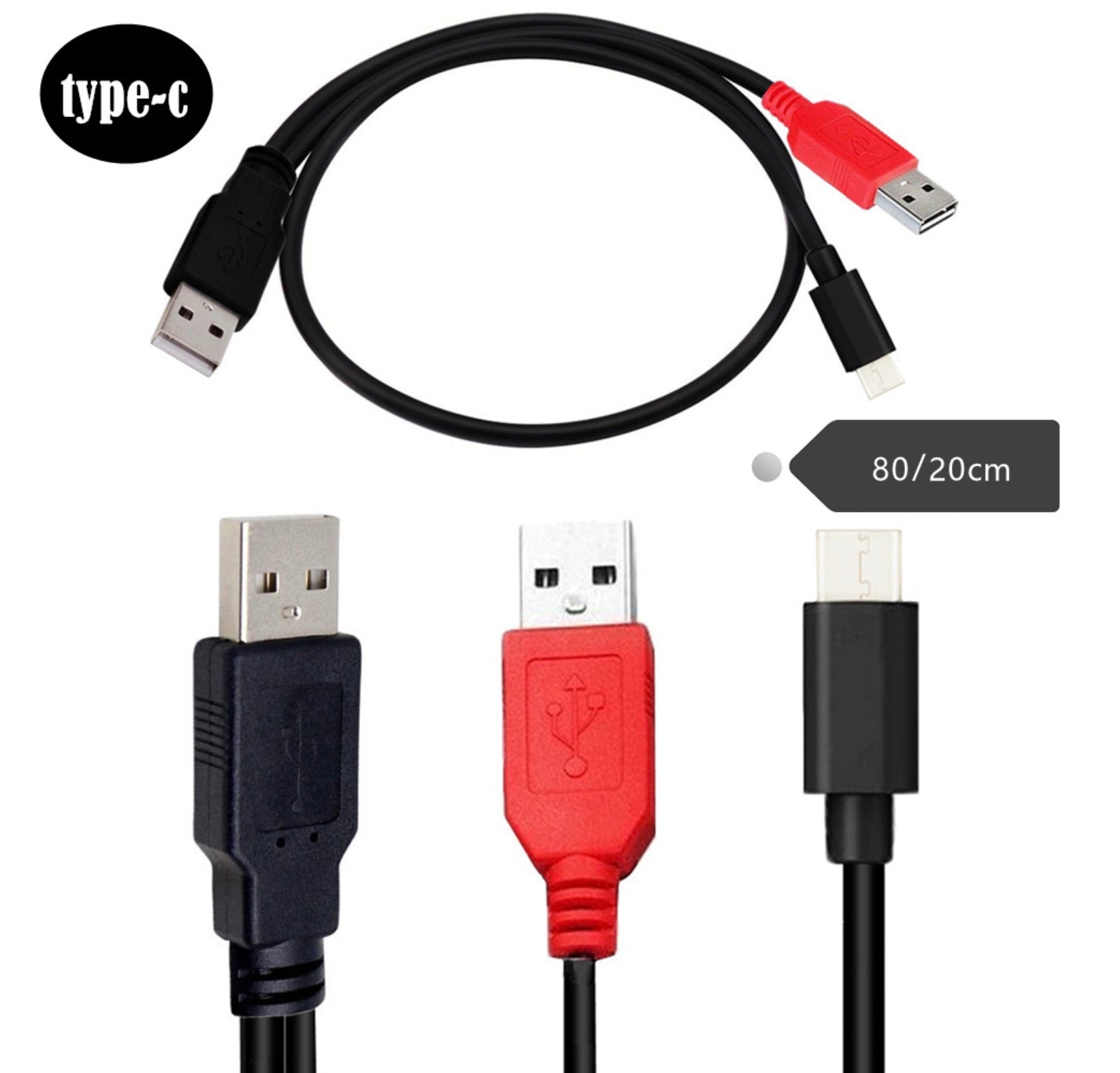 USB 2.0 A Male to USB 2.0 & USB C Male Dual Power Data Y Cable