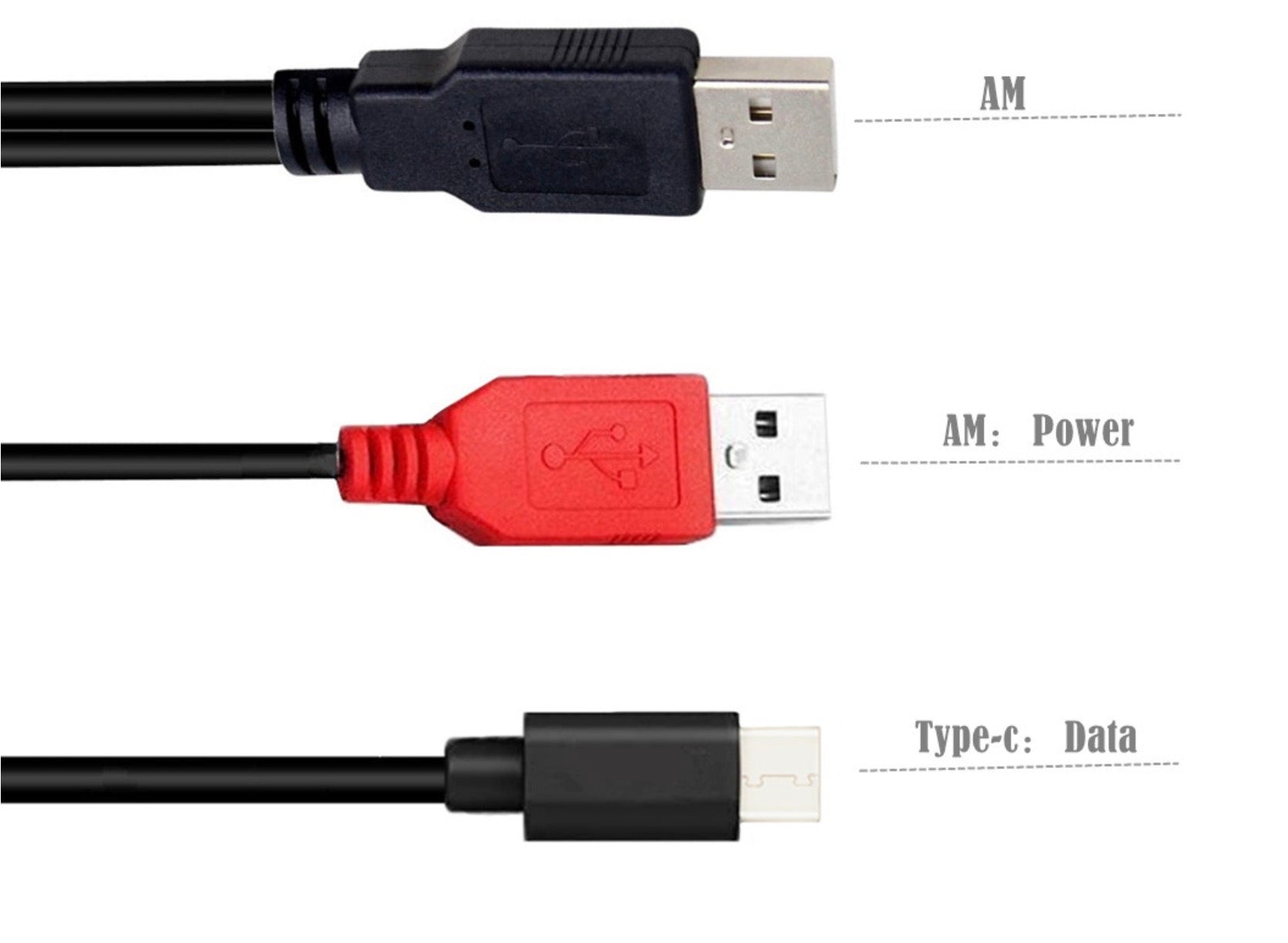 USB 2.0 A Male to USB 2.0 & USB C Male Dual Power Data Y Cable