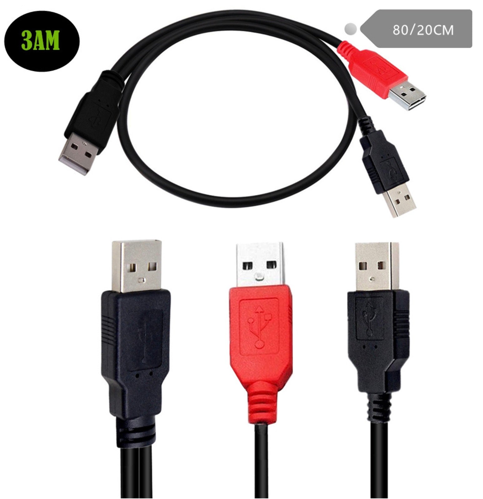 USB 2.0 A Male to Dual USB 2.0 A Male Y Splitter Cable with Extra Power Connector 0.8m