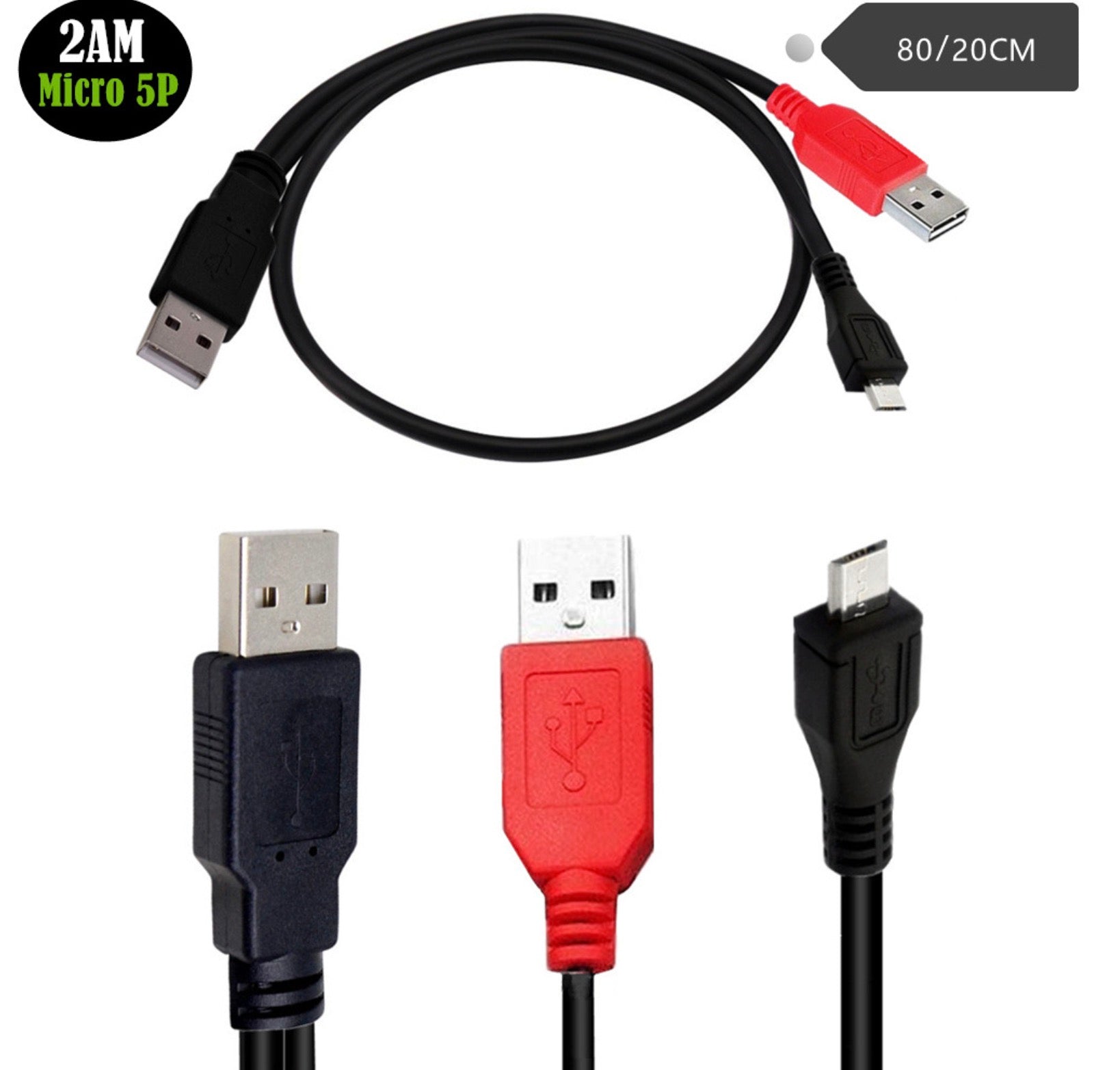 Micro B Male to Dual USB 2.0 A Male Y Splitter Cable For External Hard Drive 0.8m