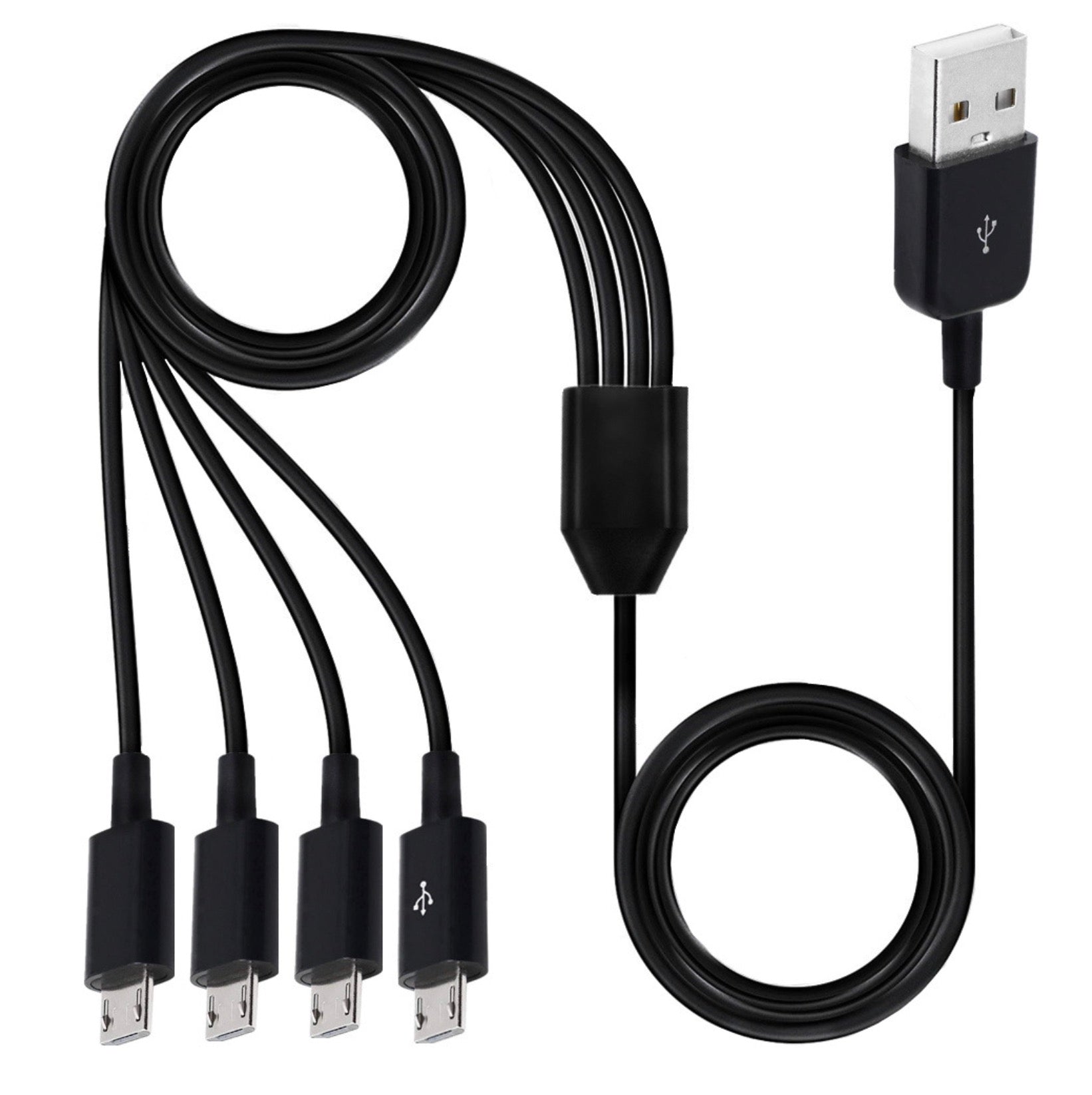 USB-A 2.0 Male to 4 x USB Micro 5 Pin Male Splitter Charging Data Cable Black