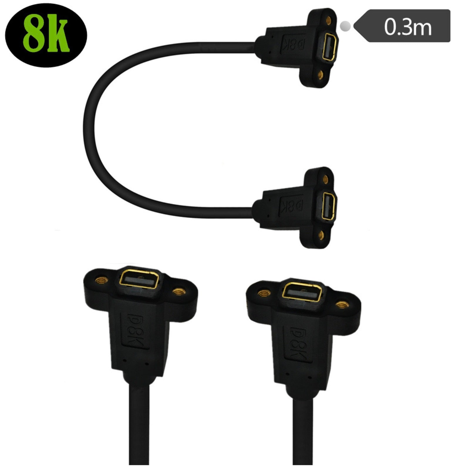 8K Mini DisplayPort 1.4 Female Panel Mount toFemale Panel Mount Extension Cable 30cm