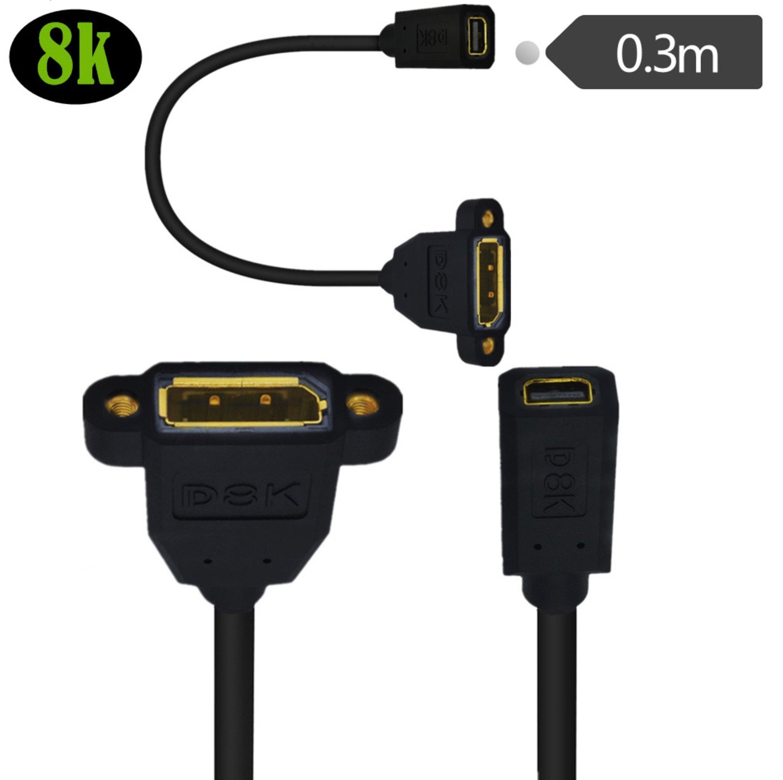 8K DisplayPort 1.4 Female Panel Mount to Mini DisplayPort Female Extension Cable 30cm