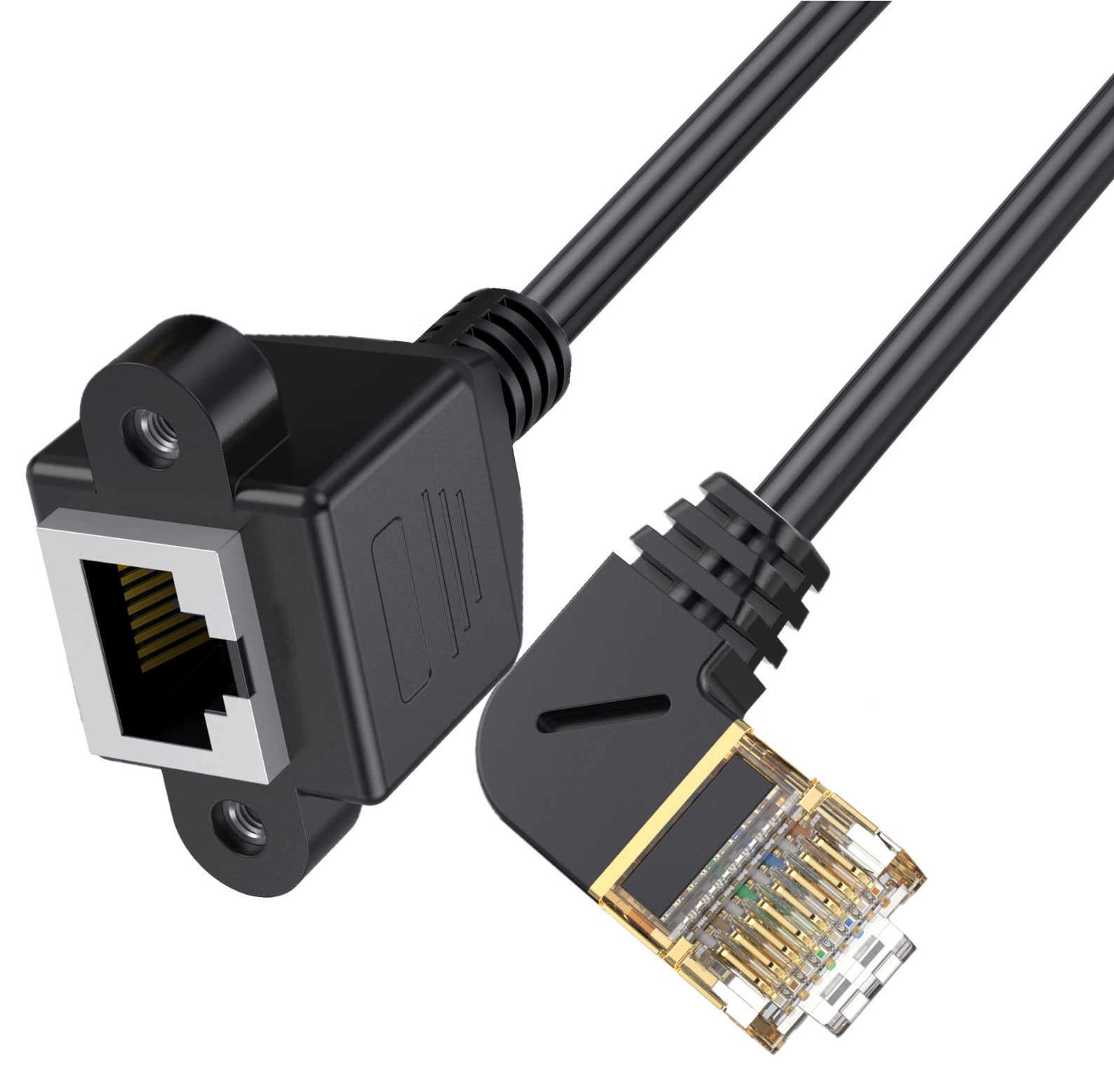 Cat 8 SuperSpeed 40 Gbps RJ45 Ethernet Network Extension Cable Left Angled Male to Female Panel Mount