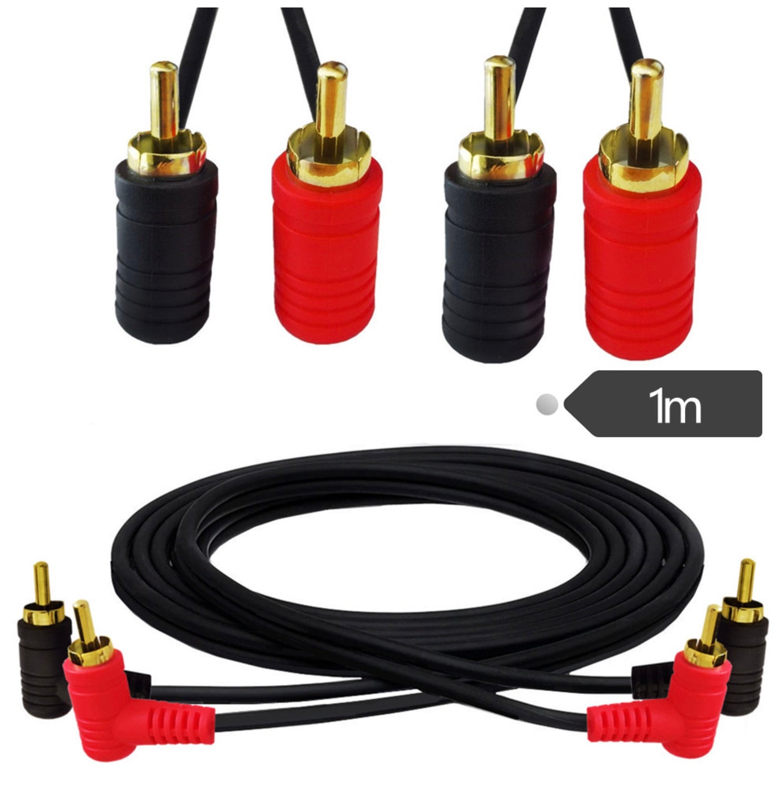 Dual RCA Angled Male to Angled Male Audio Stereo Subwoofer Cable 1m