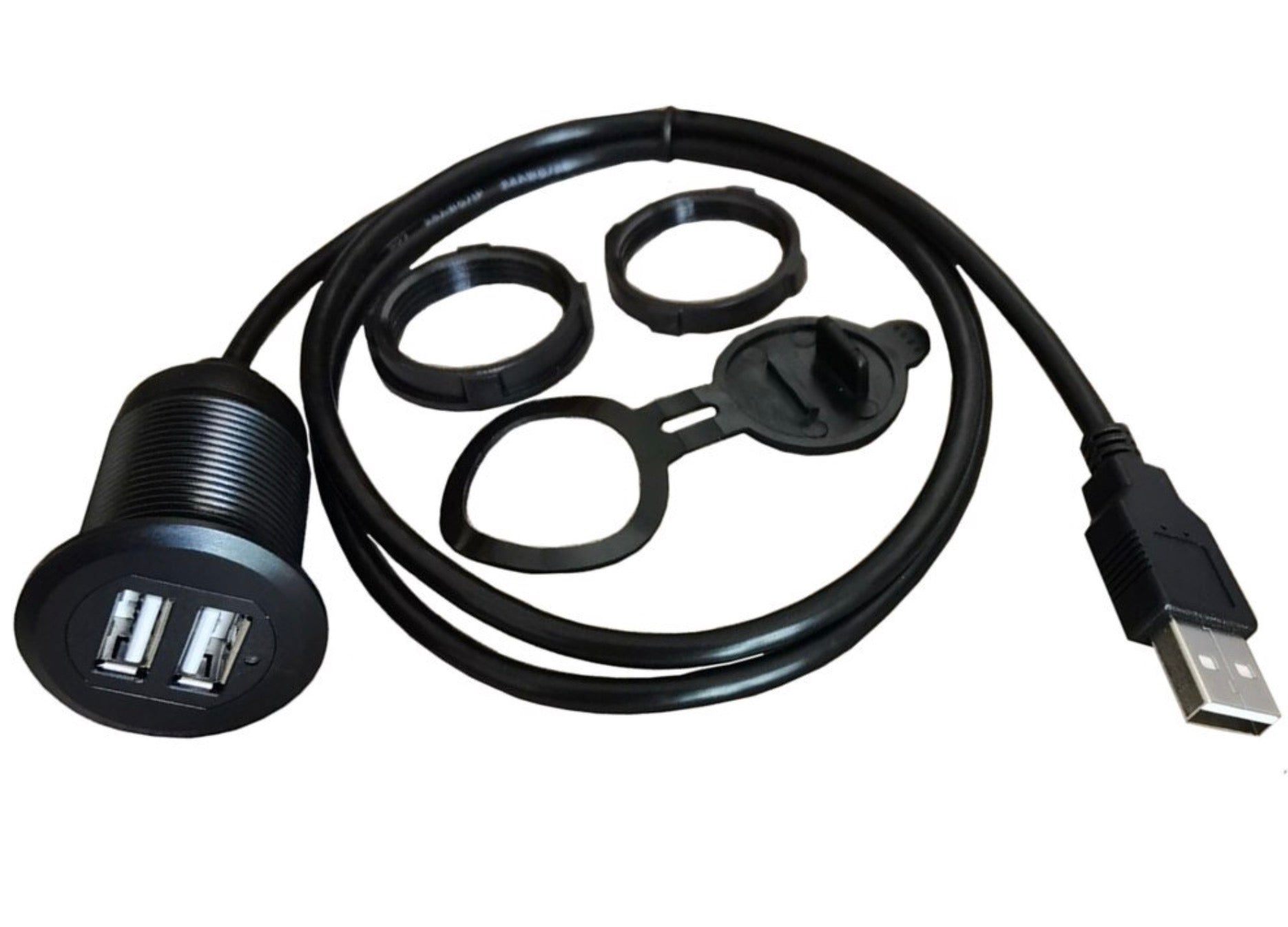 Dual Port USB 2.0 Panel Flush Mount with LED light Extension Cable for Car Truck Boat Motorcycle Dashboard 1m
