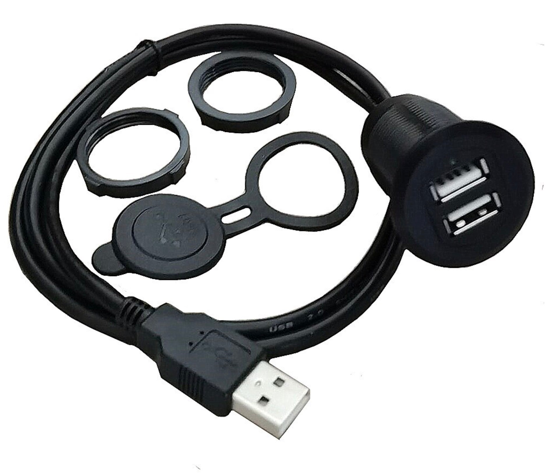 Dual Port USB 2.0 Panel Flush Mount with LED light Extension Cable for Car Truck Boat Motorcycle Dashboard 1m