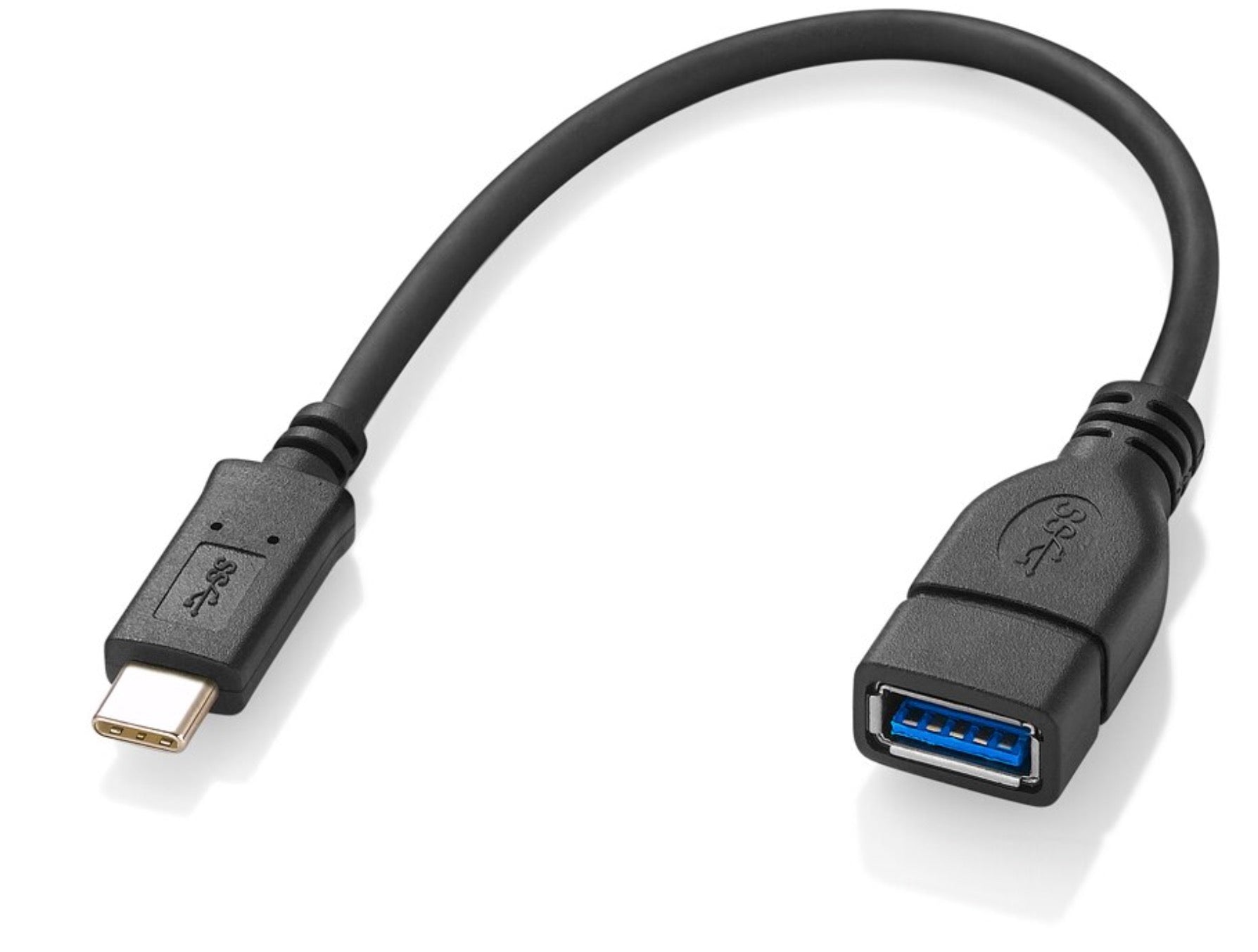 A black USB C male to USB 3.0 female OTG extension cable.
