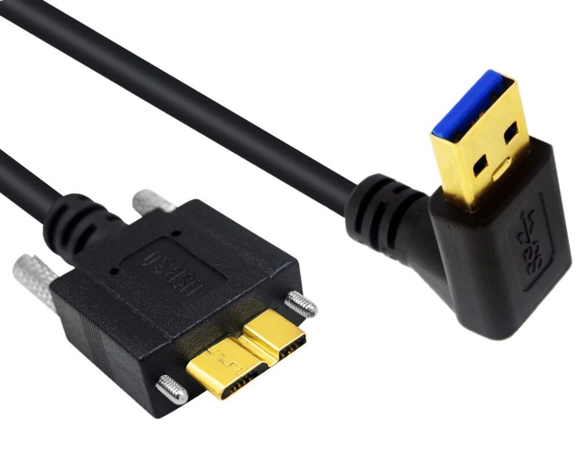 USB 3.0 A Male to Micro B Male Panel Mount Screw Locking Cable - Down Angle