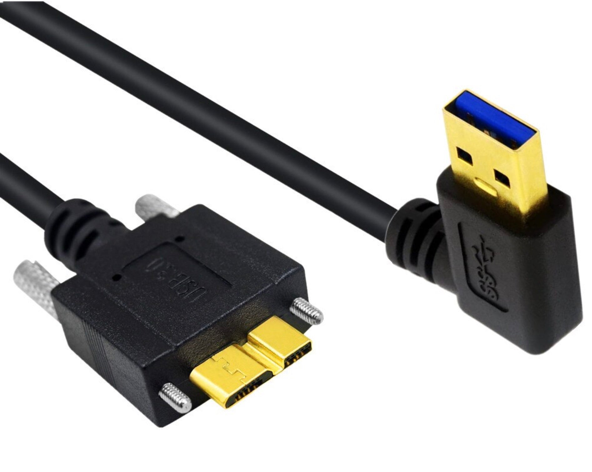 USB 3.0 Angled A Male to Micro B Male Panel Mount Screw Locking Cable - Left Angle