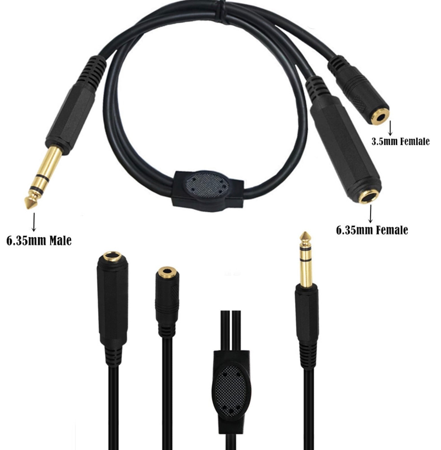 6.35mm 1/4" inch Male to 6.35mm Female + 3.5mm Female Stereo Headphone Guitar Extension Cable 0.5m