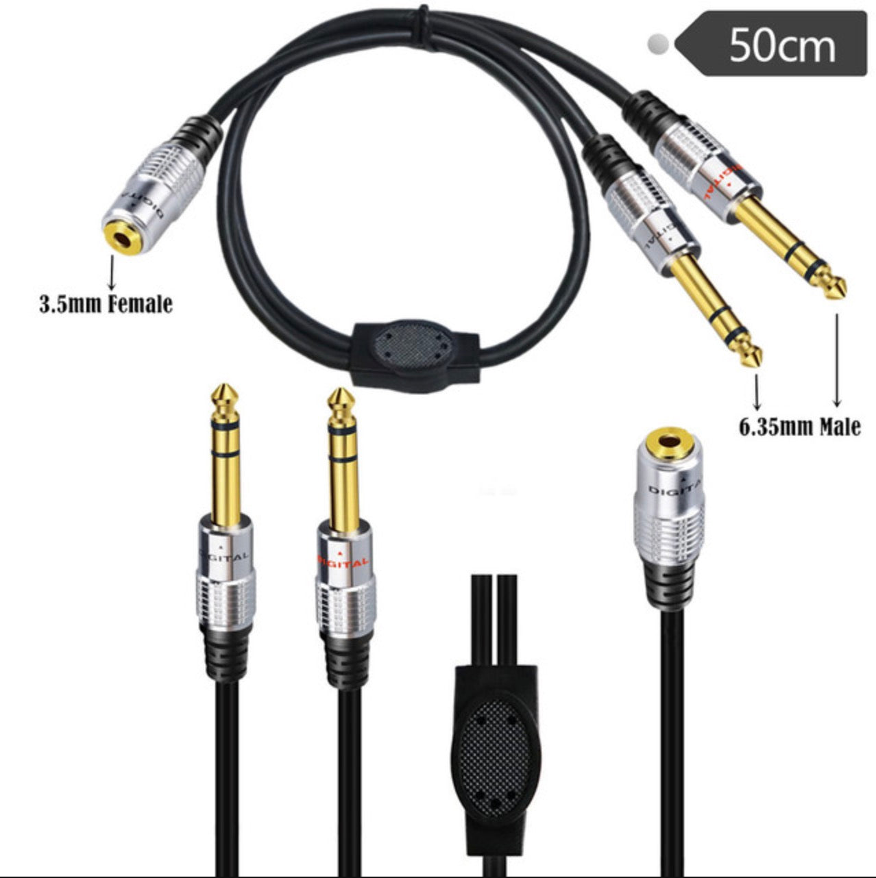 3.5mm 1/4" inch Female to Dual 6.35mm Male Stereo Headphone Guitar Extension Cable 0.5m