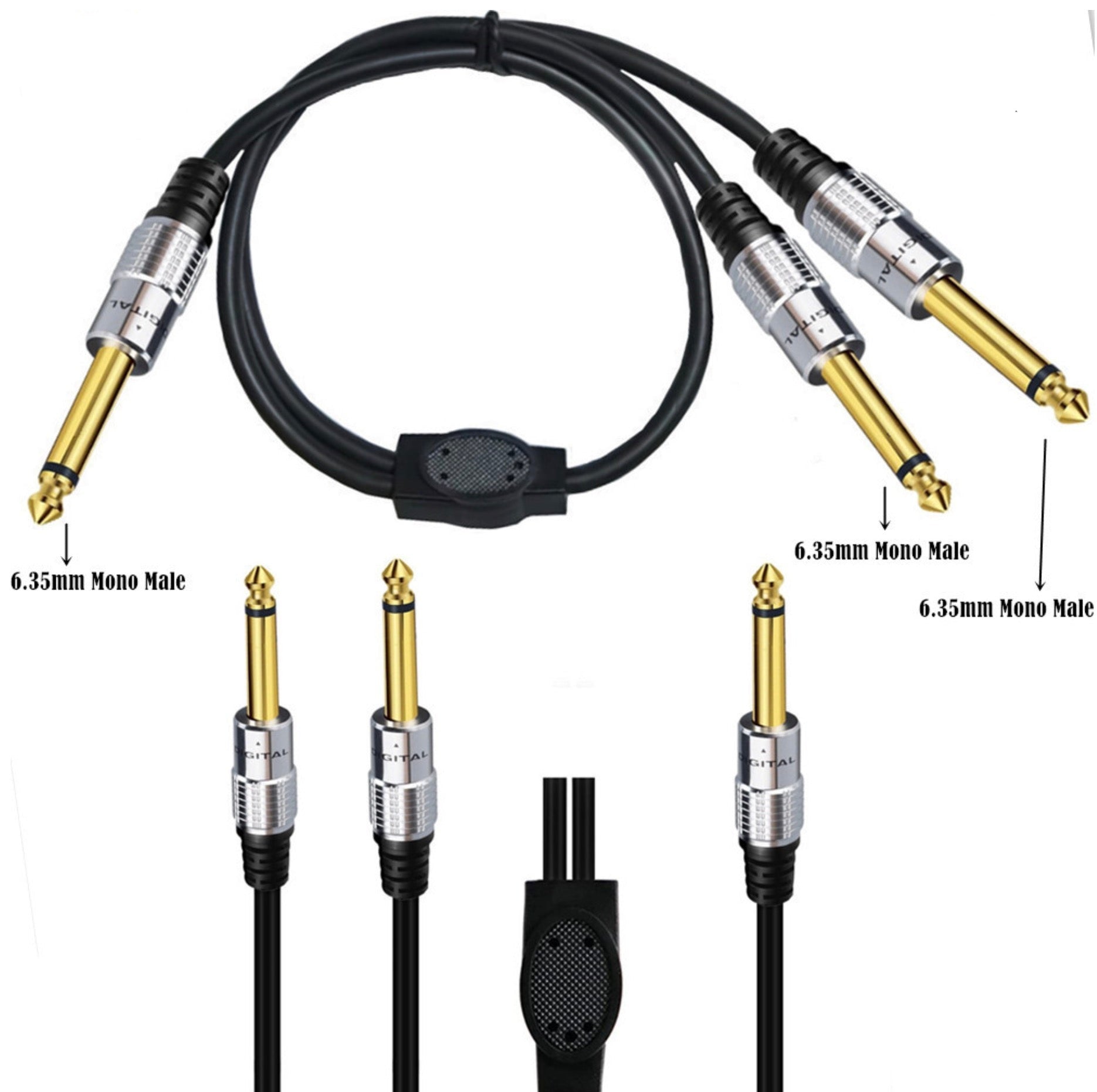 6.35mm Mono Male to Dual 6.35mm 1/4" Mono Male Stereo Audio Speaker Y Splitter Cable 0.5m