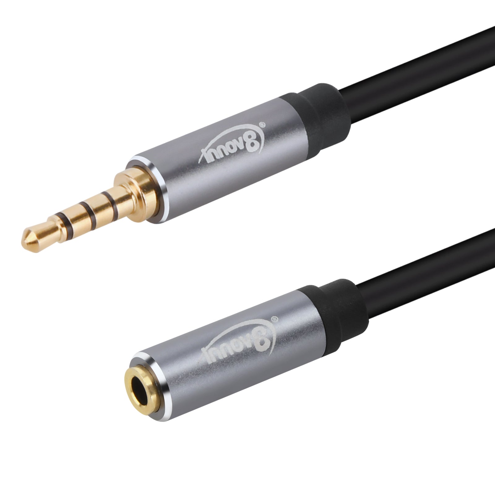 Close-up of 3.5mm TRRS male and female gold-plated connectors on stereo extension cable