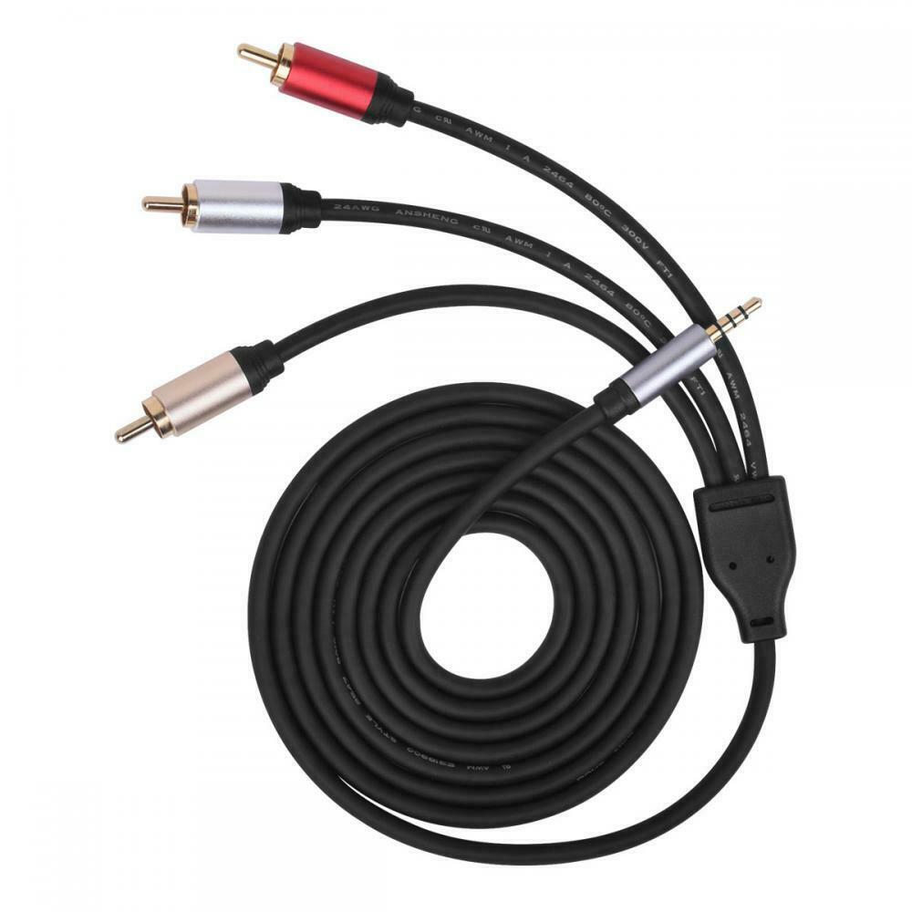 3.5mm jack to 3 x RCA stereo audio video cable with black plugs.