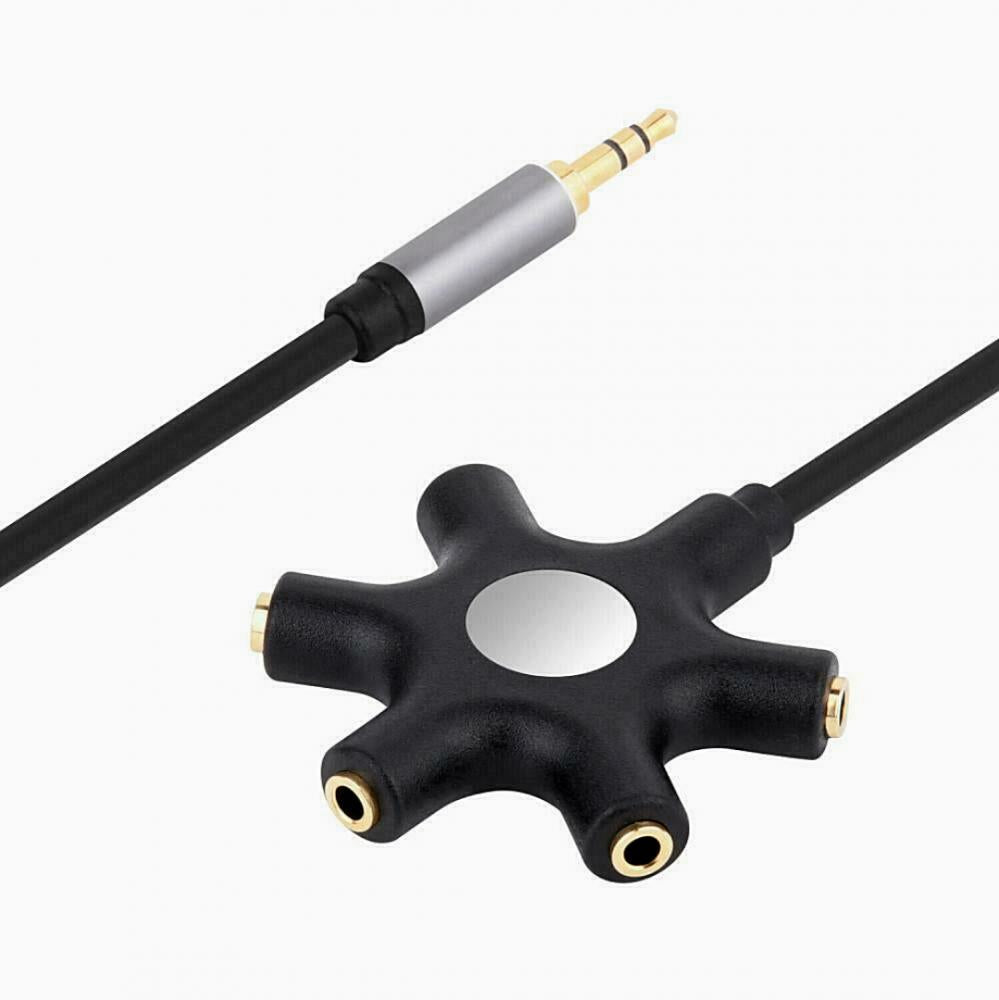 3.5mm Male AUX to 5 Ports Female Multi Headphone Stereo Audio Splitter, black color, with a star-shaped 5-port female connector and a gold-plated 3.