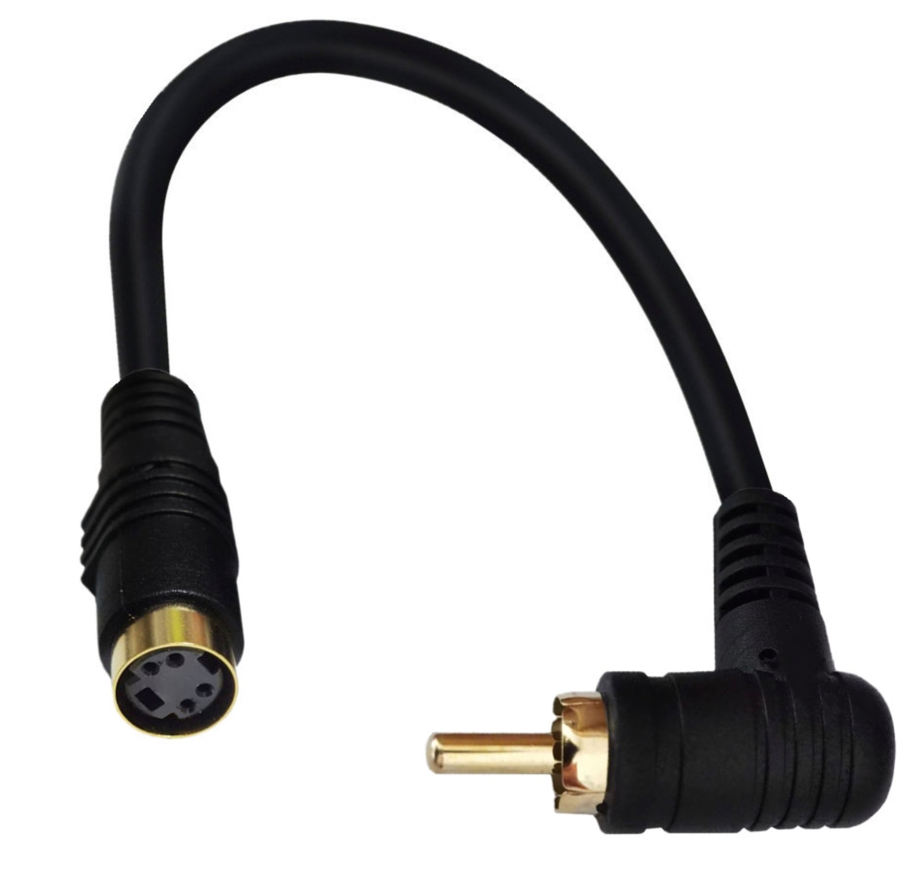 A black 4-pin mini din female to RCA angled male audio/video conversion cable.