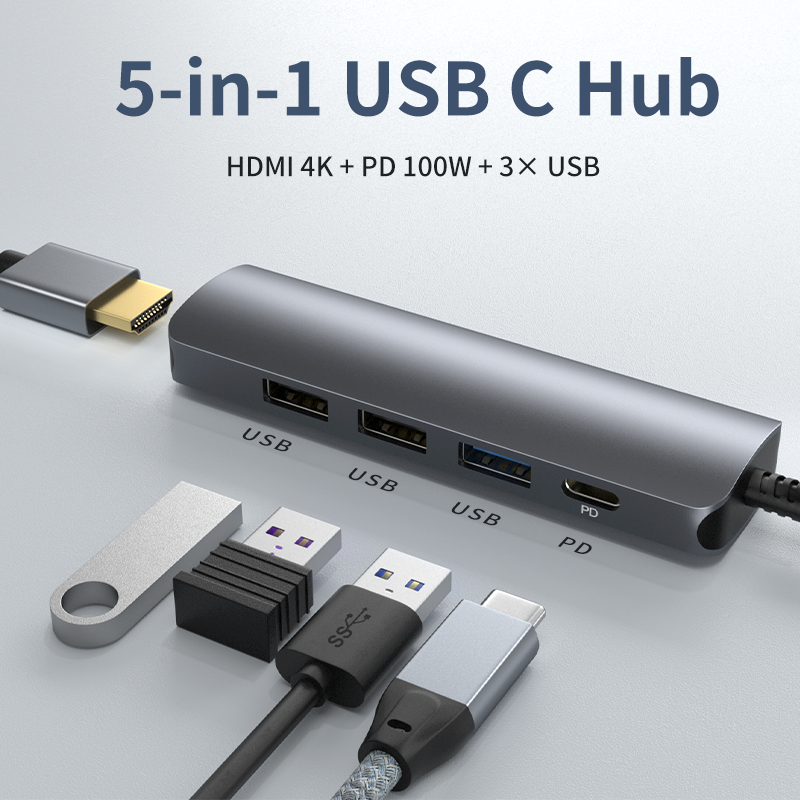 USB-C hub showing HDMI output, USB 3.0, USB 2.0 ports and USB-C Power Delivery