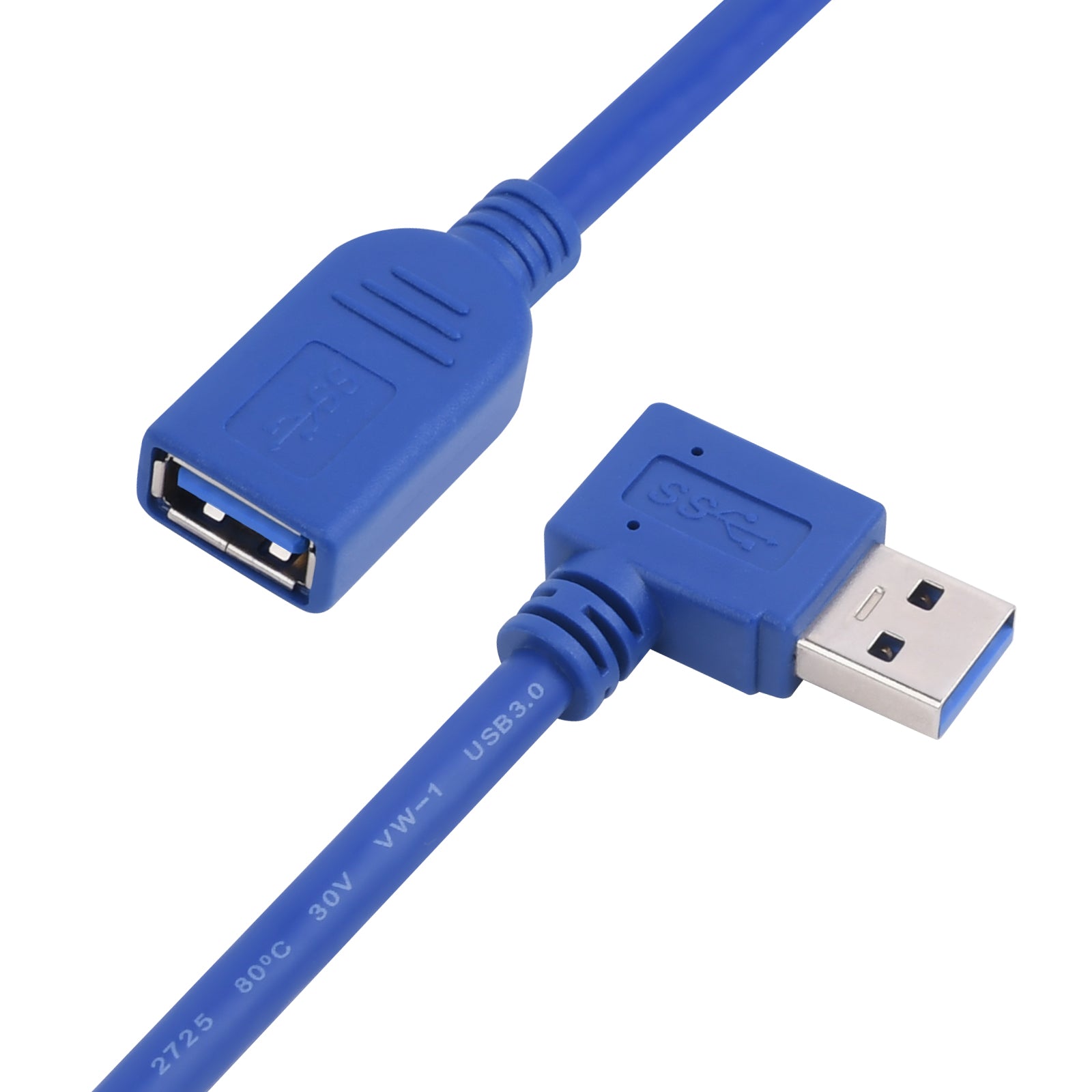 A blue USB 3.0 male to female data charge extension cable with full shielding and a braided PVC jacket.
