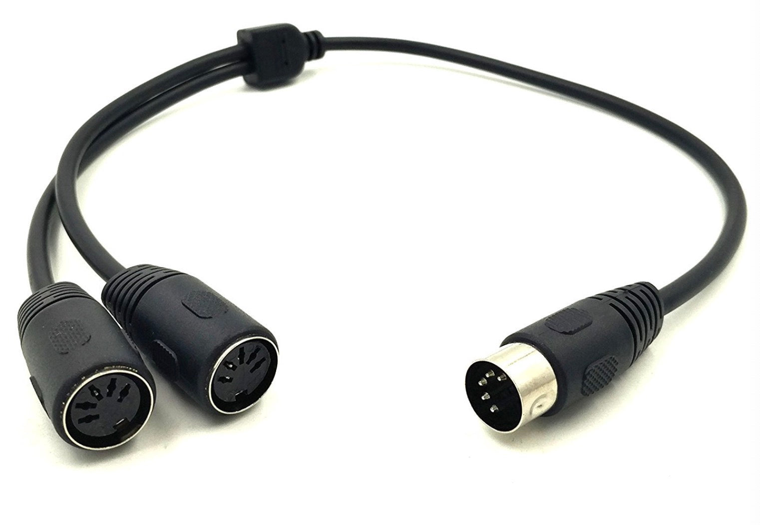 MIDI splitter cables connected to keyboard and synthesizer