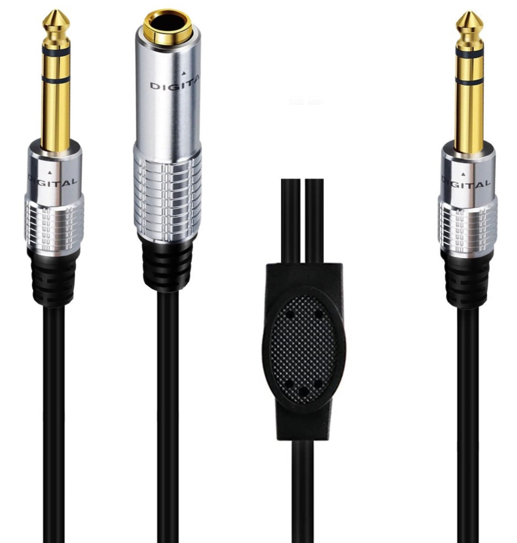 Close-up of 6.35mm TS male plugs and 6.35mm TRS female connector