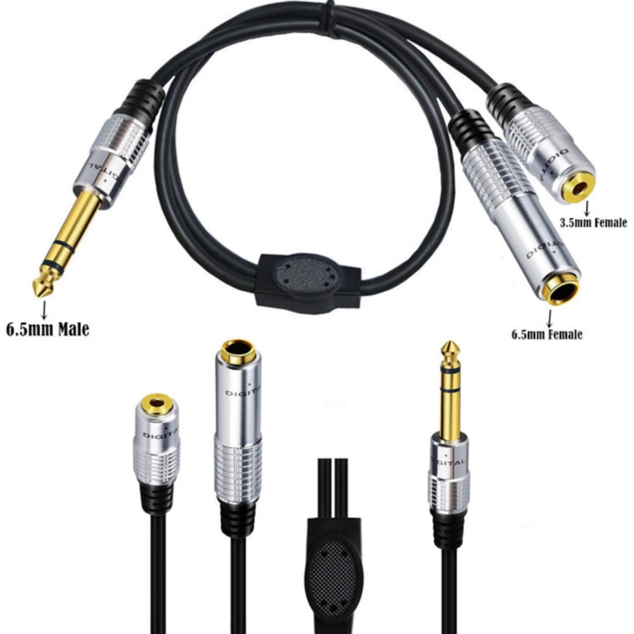 6.35mm trs male to 6.35mm and 3.5mm female splitter cable connectors