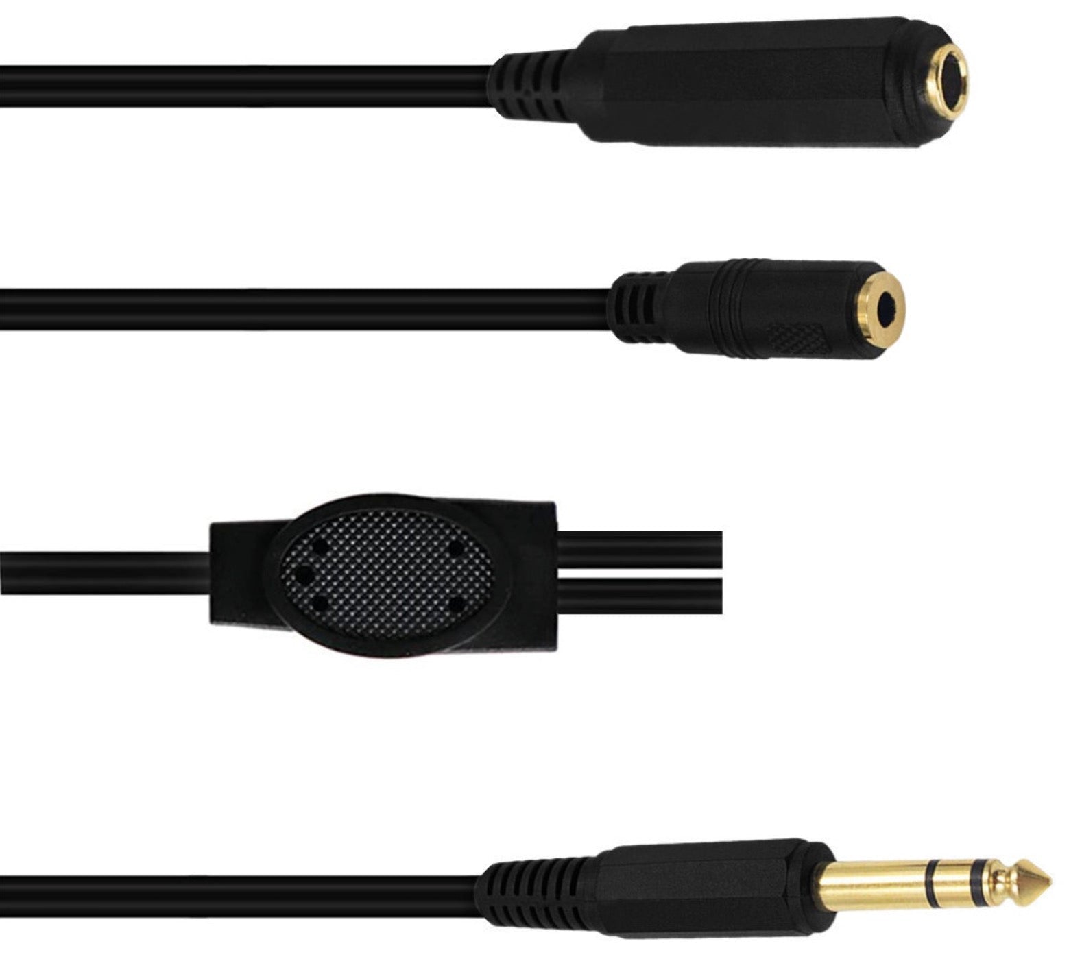 Black audio cable with different connectors on a white background