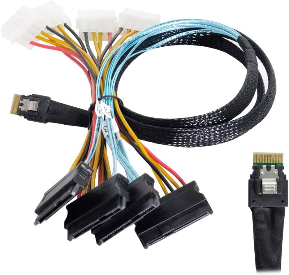 SFF-8654 4i 38 Pin Slimline SAS 4.0 Host to 4 x SAS 29 Pin SFF-8482 Target Hard Disk Fanout Raid Cable 0.5m