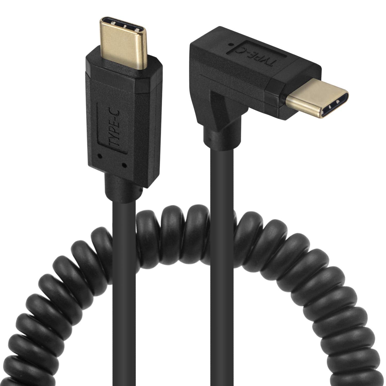 A black USB-C to USB-C coiled data charge cable with an angled male connector on one end and a straight male connector on the other, displayed on a white background.