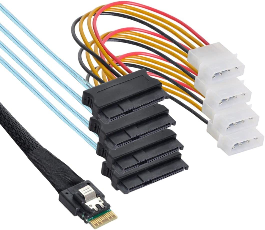 SFF-8654 4i 38 Pin Slimline SAS 4.0 Host to 4 x SAS 29 Pin SFF-8482 Target Hard Disk Fanout Raid Cable 0.5m