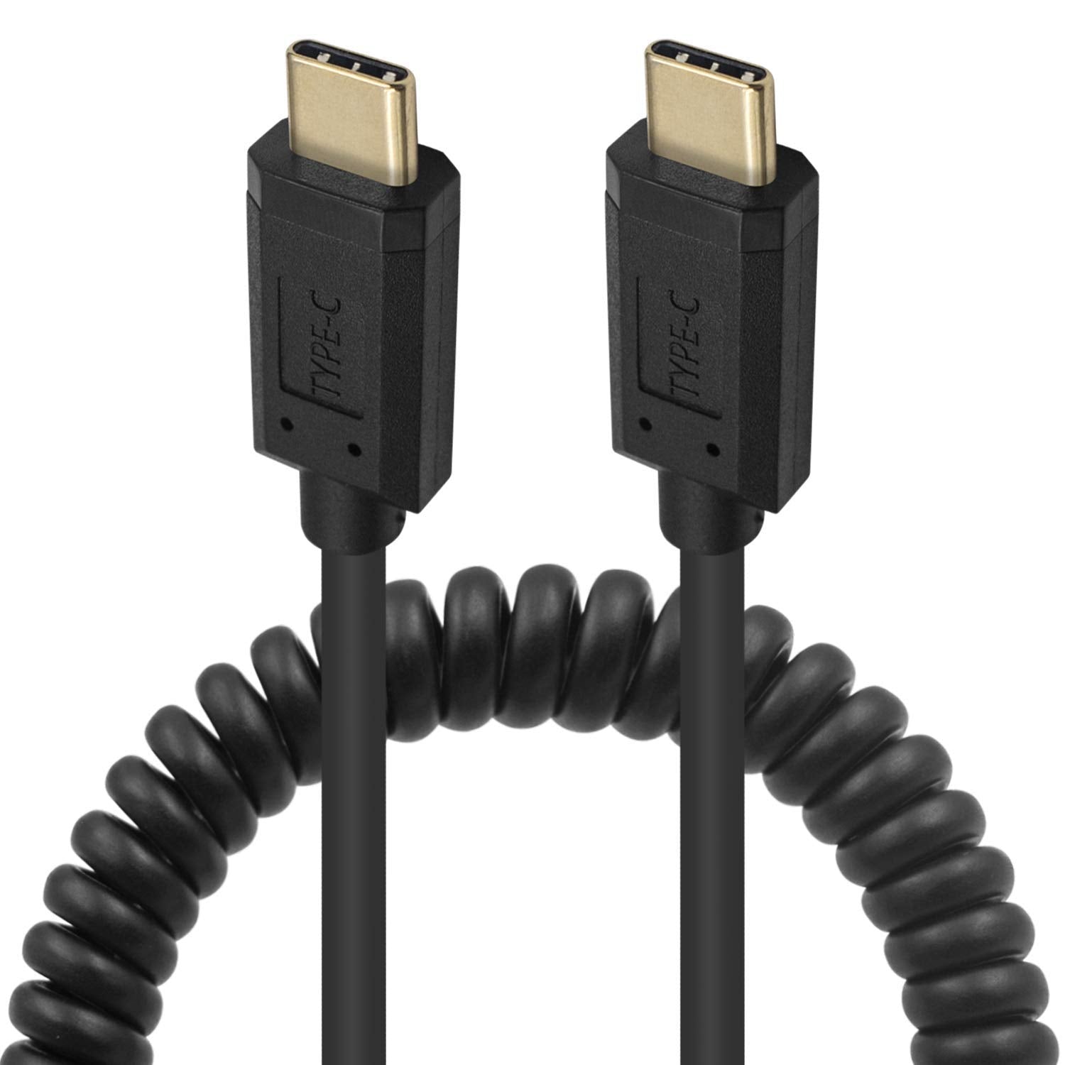 A black USB-C to USB-C coiled data charge cable with a matte finish.