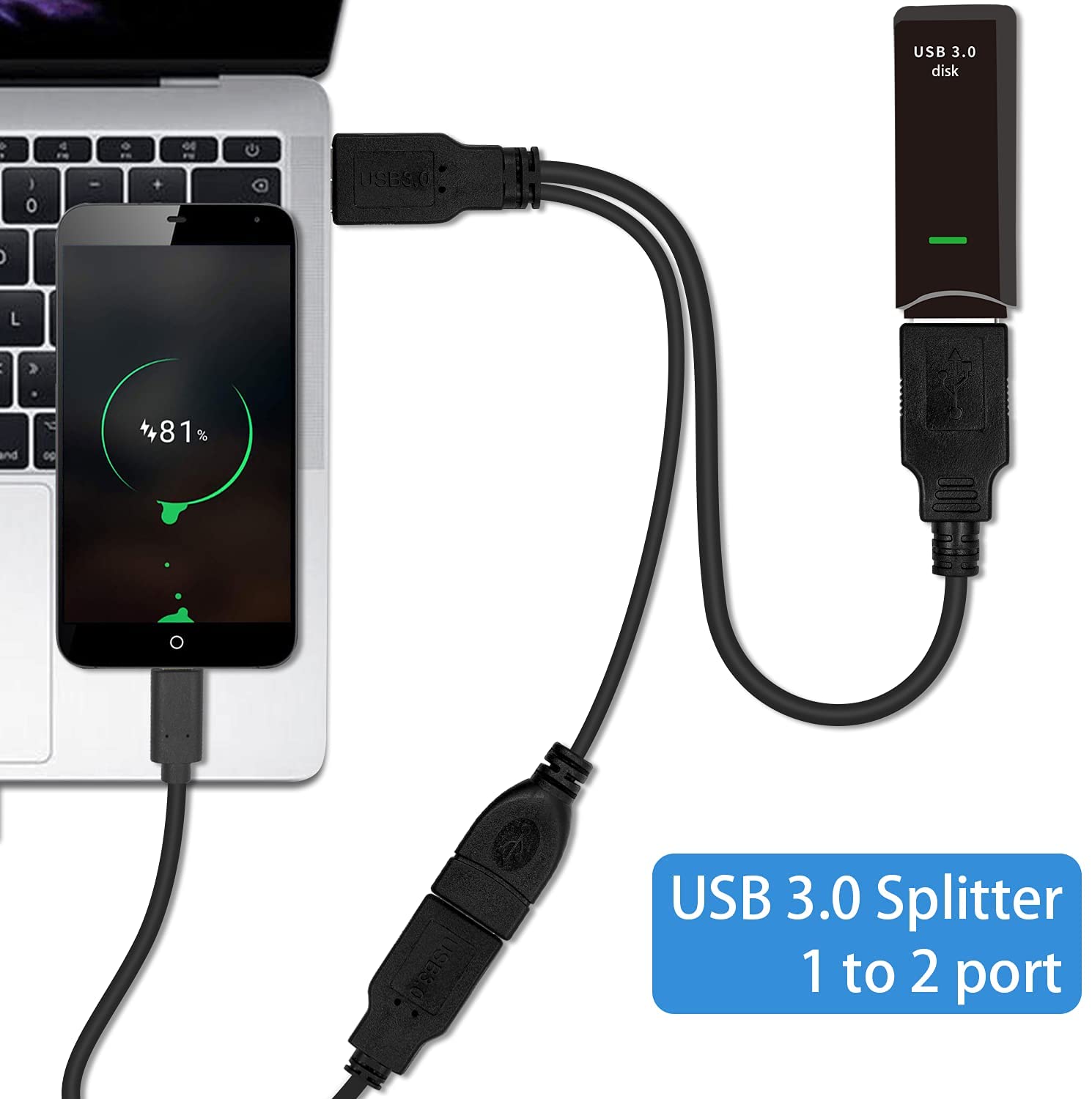 USB-A 3.0 Male to USB-A 3.0 Female + USB-A 2.0 Female Power Cable 0.3m