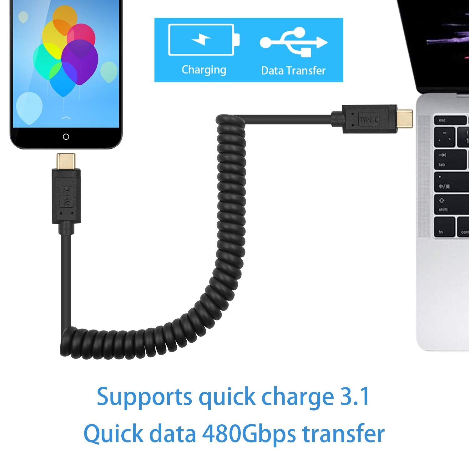 USB-C to USB-C Coiled Data Charge Cable 3A