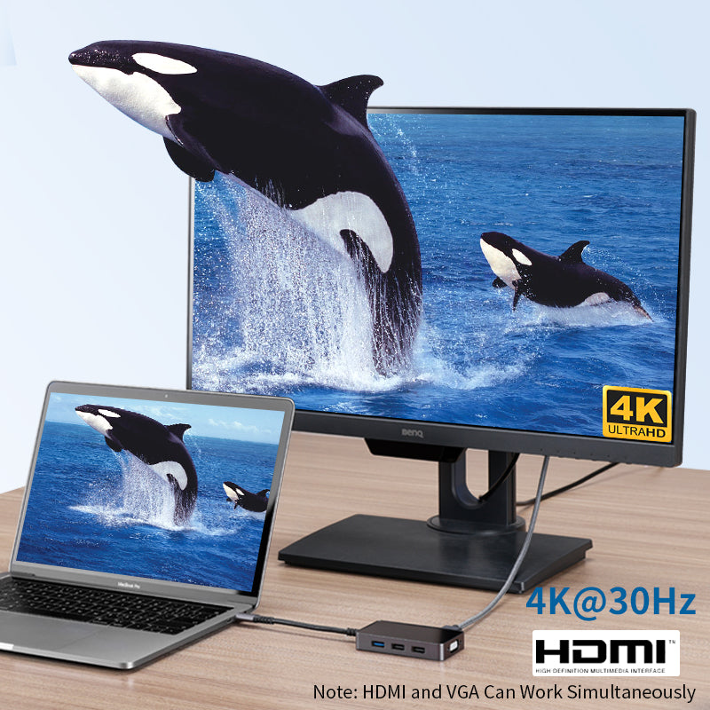 8-in-1 USB-C Hub with 4K 30Hz HDMI, USB 3.0, USB 2.0, PD 100W SD/TF Card Readers and VGA Port