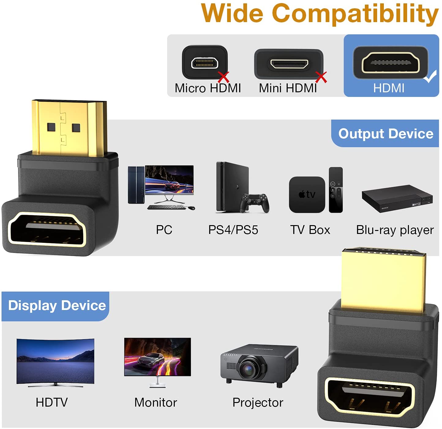 8K HDMI 2.1 Angled Adapter – Male to Female, 8K@60Hz, HDR, Dolby Vision Support