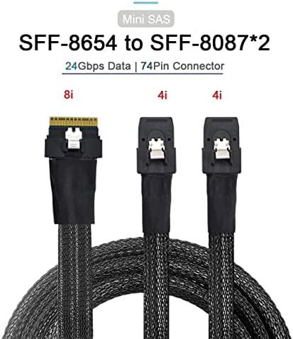 PCI-E Ultraport Slimline SAS Slim 4.0 SFF-8654 8i 74 Pin to Dual SFF-8087 Mini SAS PCI-Express Cable 0.5m