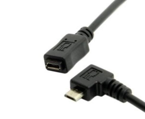 Angled micro USB plug close-up on black extension cable