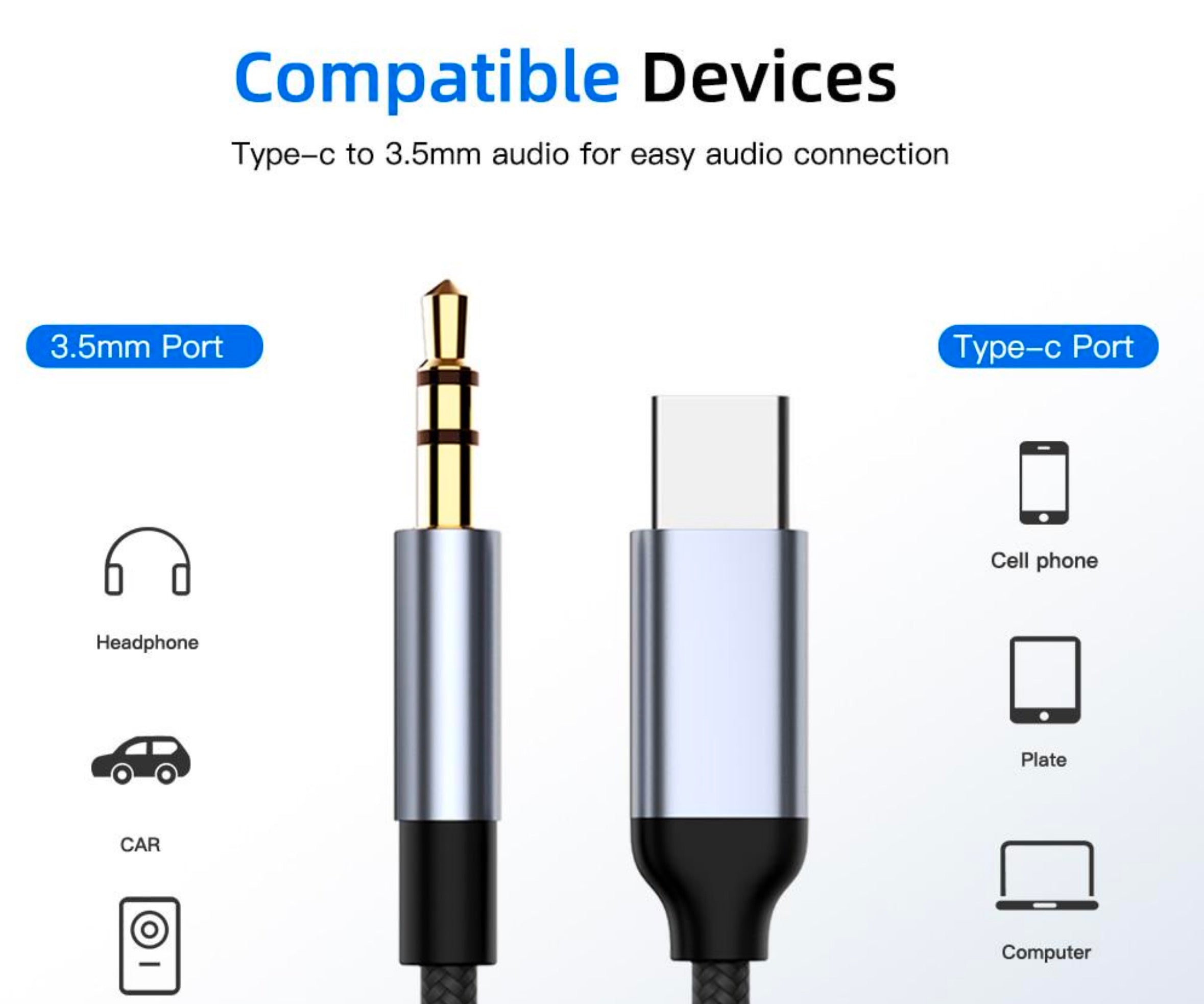 Black USB C to 3.5mm stereo aux cable 1 metre for headphones and line-in