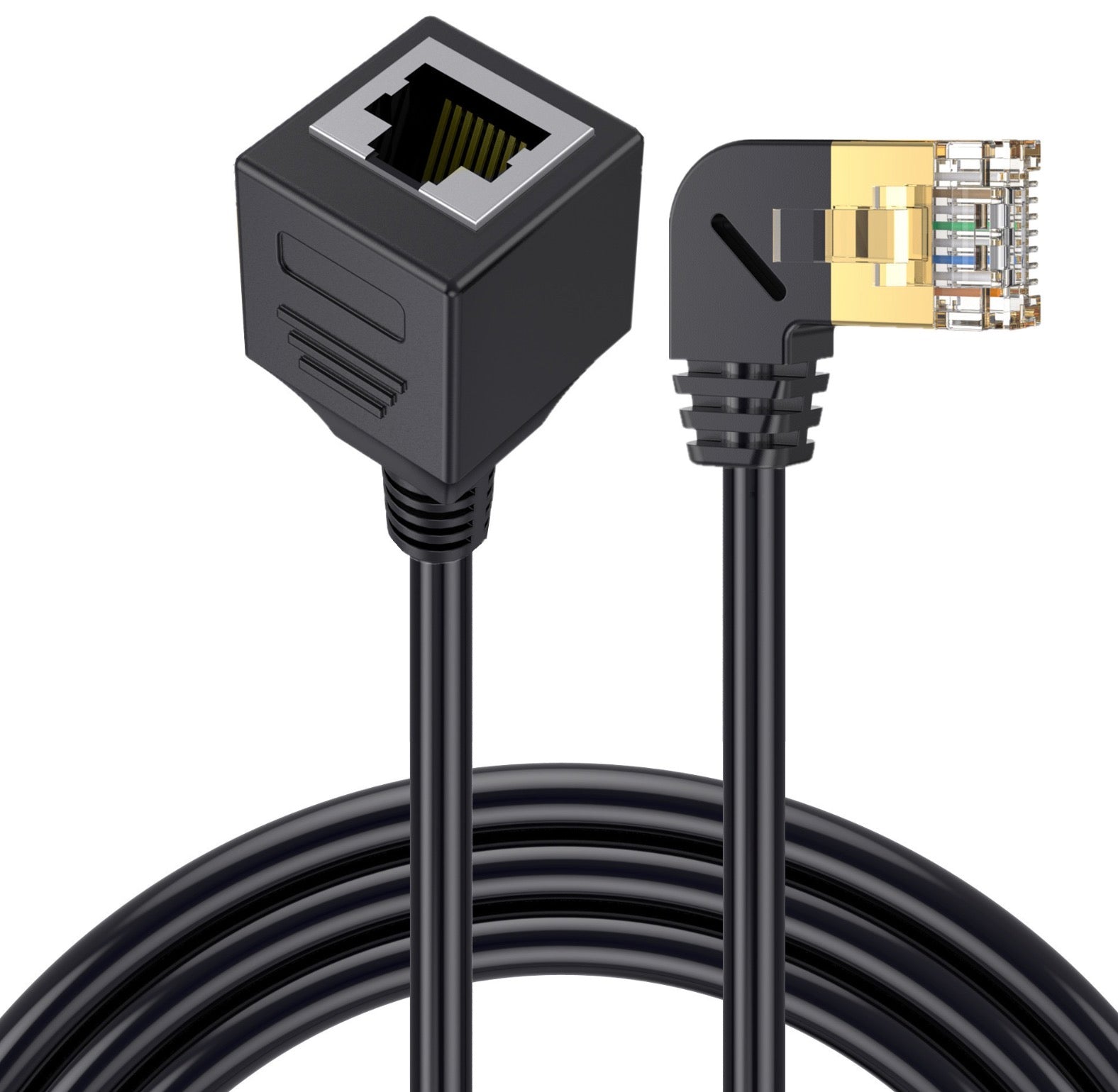 Cat 8 RJ45 left angled male to female Ethernet extension cable